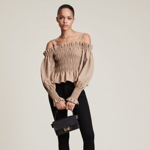 NWT All Saints | Lary Smocked Cold Shoulder Top Sand Brown 10